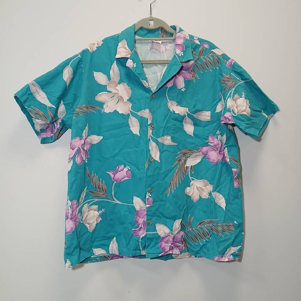 Vintage barefoot in paradise mens xl Hawaiian tiki shirt aqua blue purple